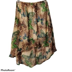 XAct  small brand chiffon skirt features a high-low hem/multi-colored butterfly.